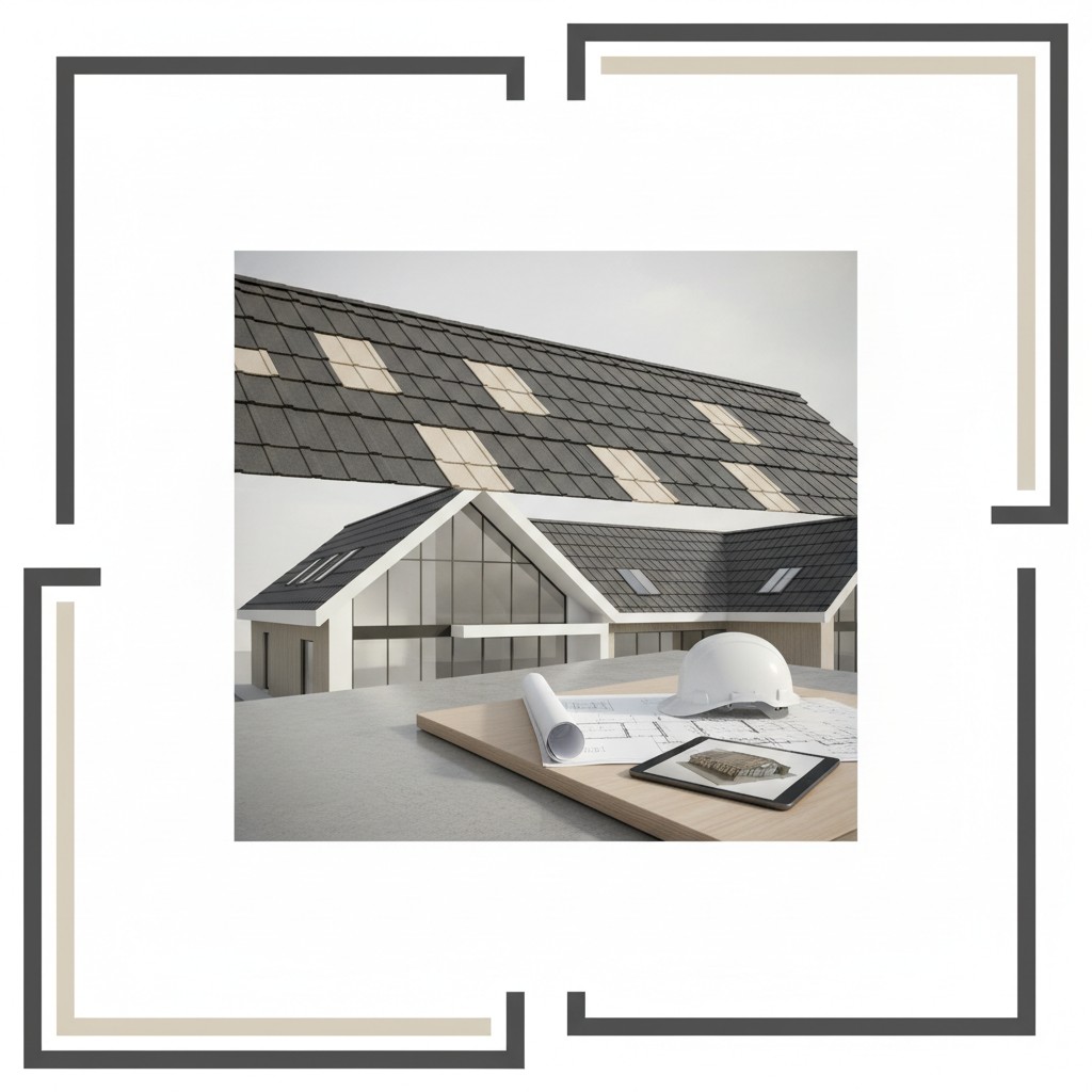 A computer-generated architectural rendering of a modern house, with 3-dimensional architectural drawings, rolls of archit...